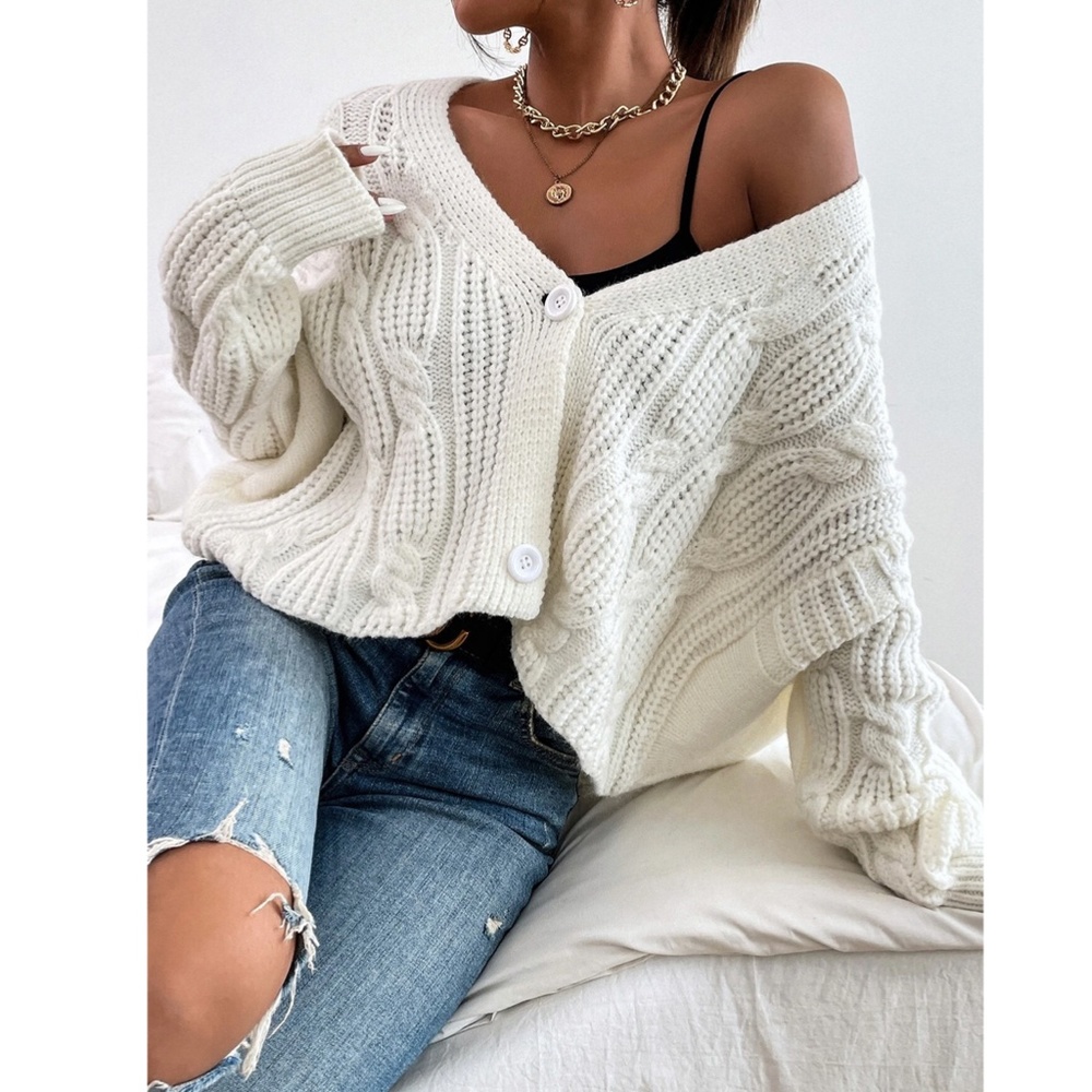 White Cable Knit Button Front Cardigan - Picture 5 of 7
